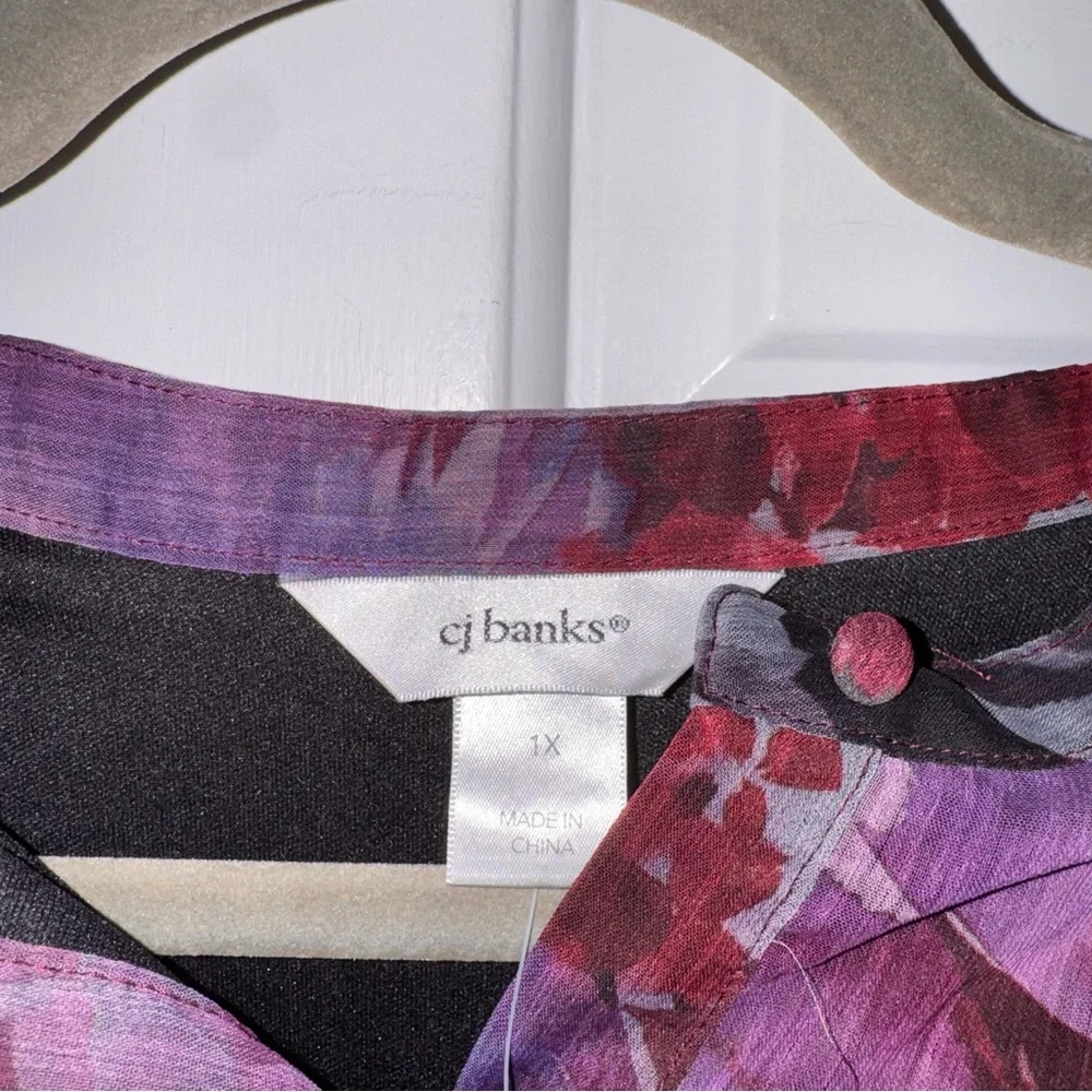 CJ Banks Purple Floral ruffle button down long sleeve Blouse top 1x NWT - Picture 2 of 16